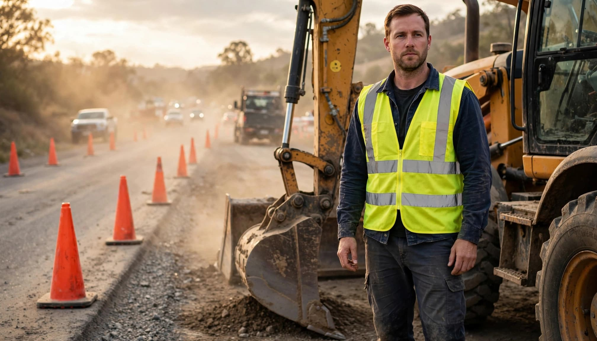 A construction worker in a reflective vest stands beside equipment near cones and passing vehicles.