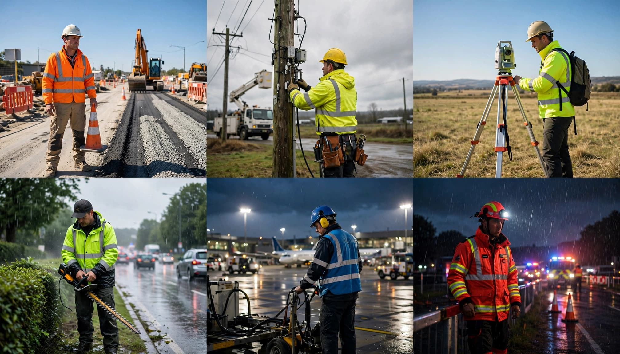 Six workers wear reflective safety garments in varied outdoor job settings.