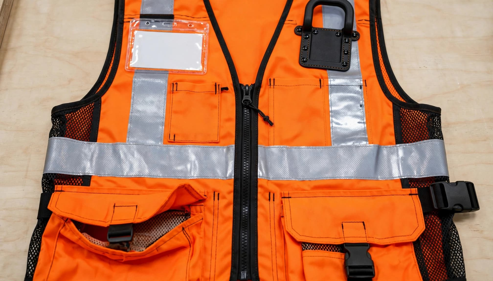 High-visibility vest showing reflective bands, mesh panels, pockets, and front closure.
