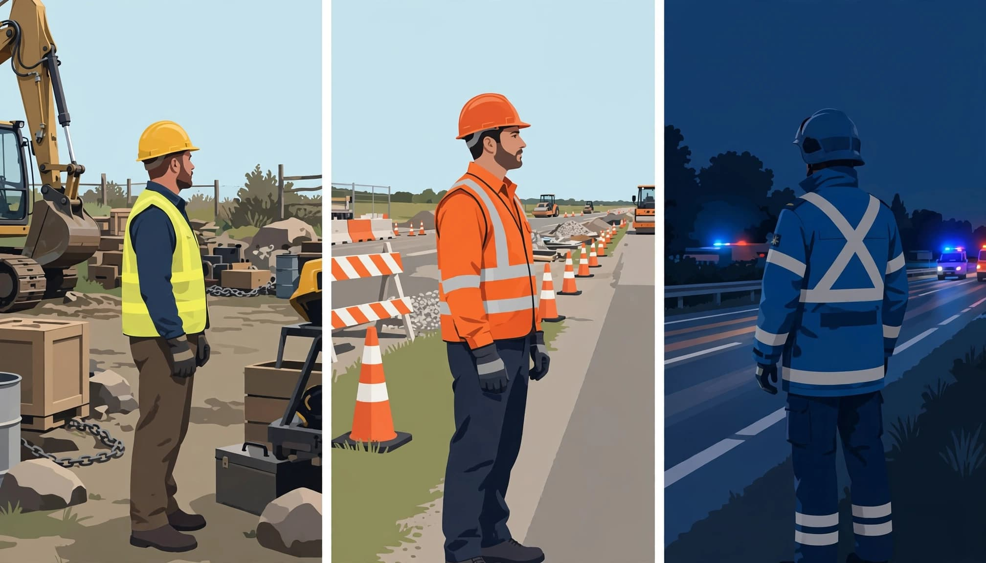 Three workers wear different high-visibility garments in an equipment yard, roadwork zone, and low-light roadway.