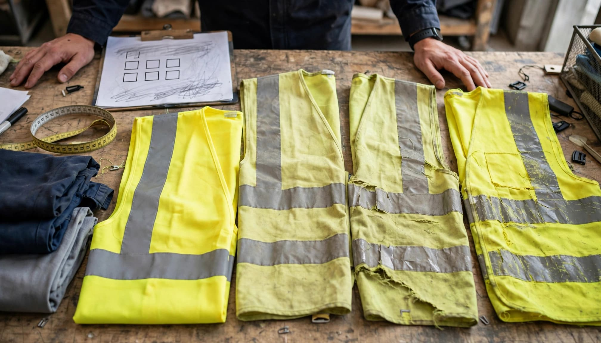 A worker inspects high-visibility vests beside a clipboard, measuring tape, and folded garments.