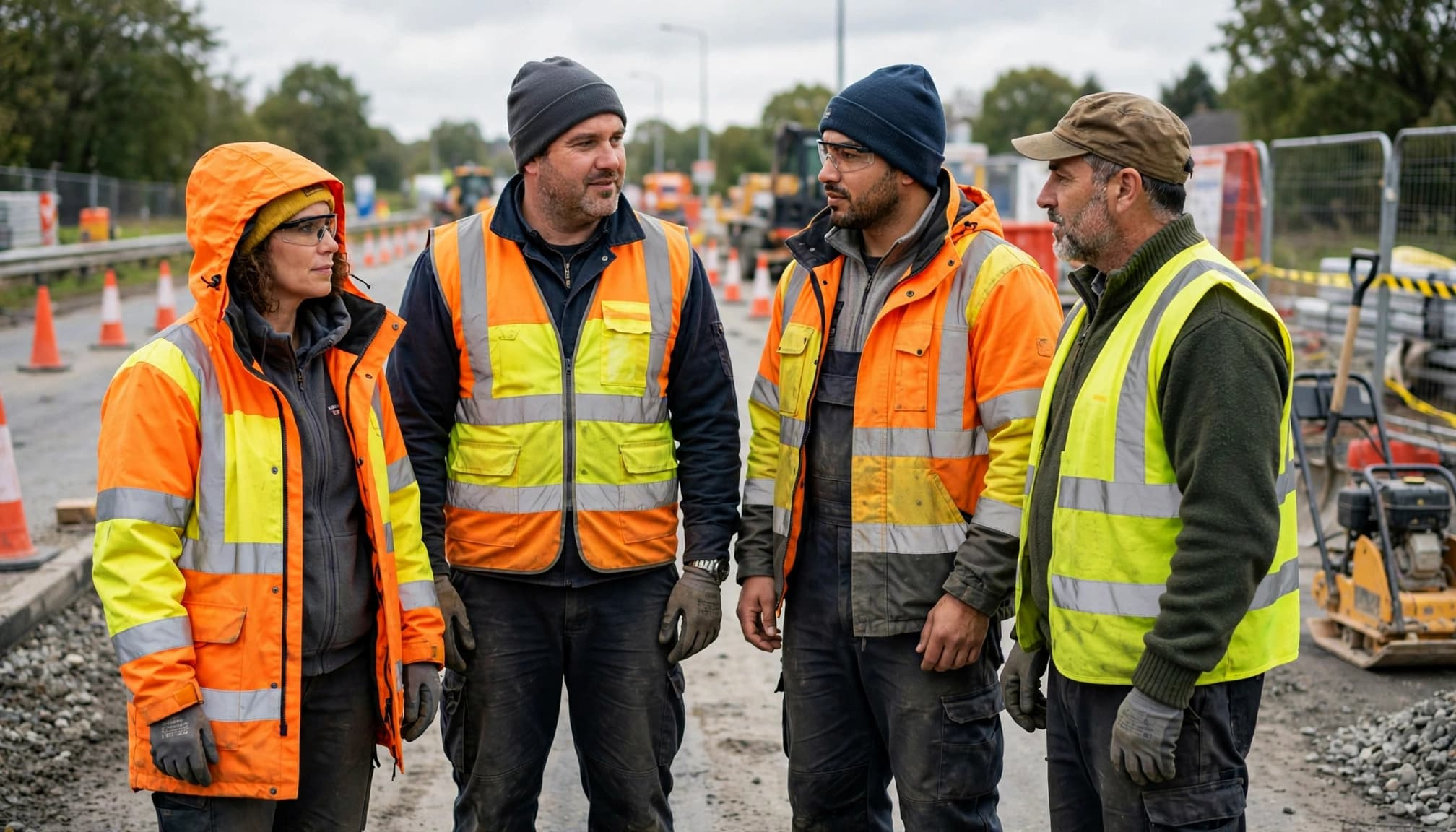 Four workers in high-visibility clothing stand beside cones at a sunny roadway work site.