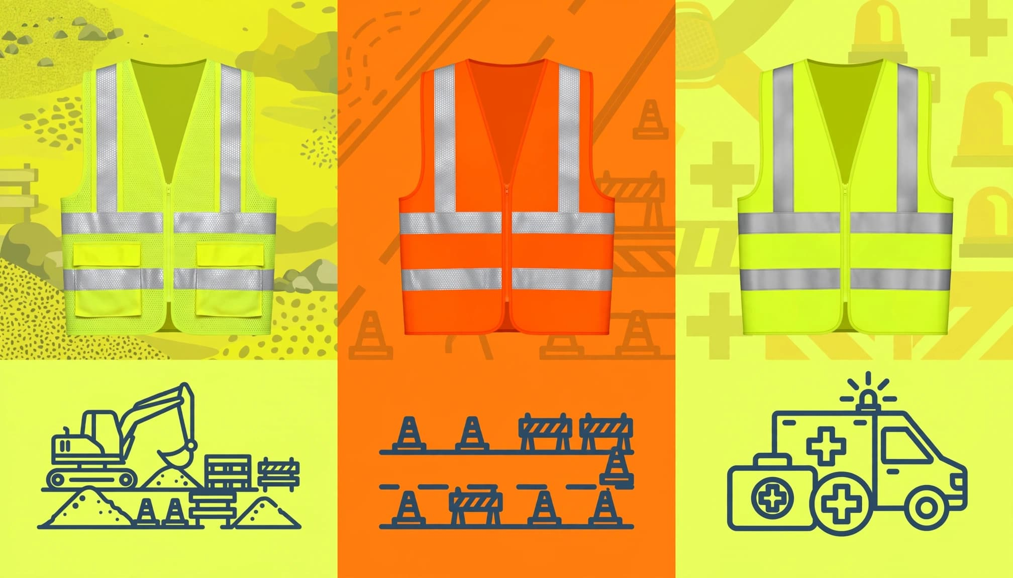 Three high-visibility vests shown for construction, roadway, and emergency work.