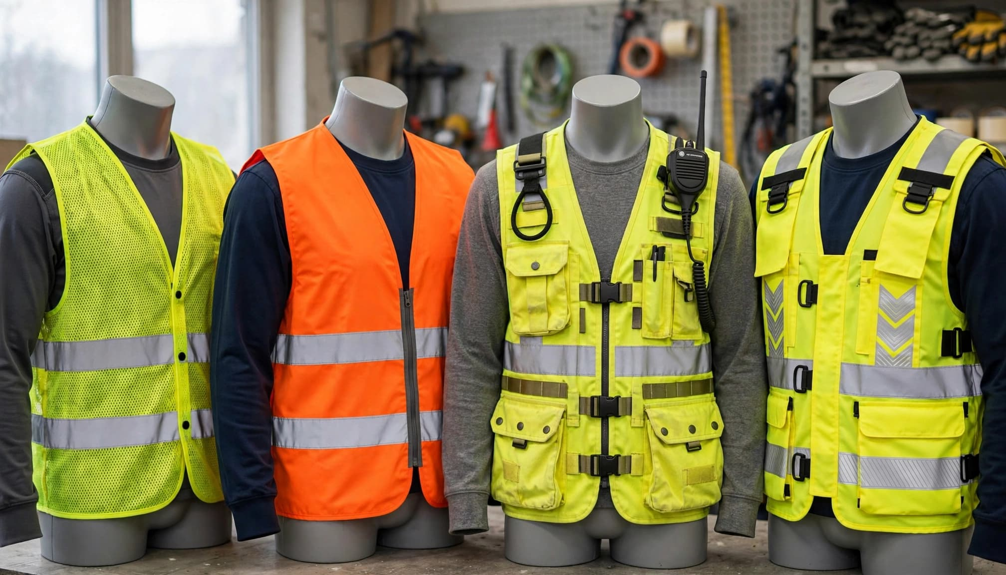 Four mannequins show different high-visibility work vests with reflective bands and varied pockets and closures.